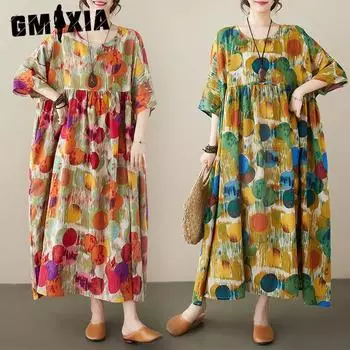 GMXIA Простое модное длинное платье в стиле бохо, летнее, с круглым вырезом и коротким рукавом для мам среднего и пожилого возраста One size