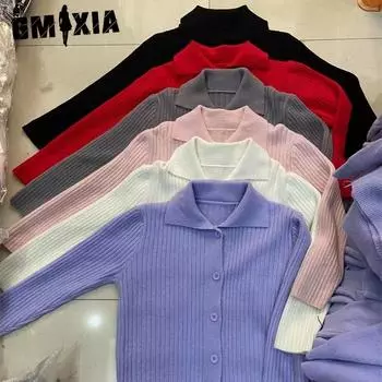 GMXIA Простой маленький кардиган с воротником поло, женский осенний короткий однотонный топ-свитер One Size