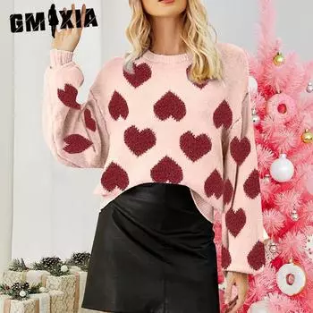 GMXIA Розовый свитер с пышными рукавами на День святого Валентина, свободный свитер с жаккардовым узором Sweet Love S розовый