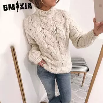 GMXIA Пуловер свободный темпераментный пригородный свитер однотонный цвет водолазка твист модный свитер для женщин S розовый