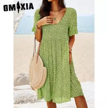 GMXIA Пуловер с принтом, длинное, средней длины, городское, повседневное, ретро, женское, с короткими рукавами S жёлтый