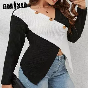 GMXIA Pure Desire and Skinny-neck Sweater Woman Spring and Autumn Slim-fit Open-split Pullover Knitted Bottom Sweater with A Top Woman S