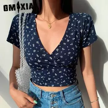 GMXIA Pure Desire Винтажная футболка с V-образным вырезом и бретелькой через шею Женская летняя футболка с цветочным принтом Женская S абрикосовый