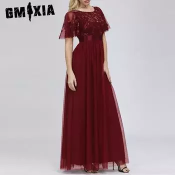 GMXIA Качественное весенне-осеннее эластичное платье с круглым вырезом и резинкой на талии, вечернее платье из газовой ткани с качелями для женщин S бордовый