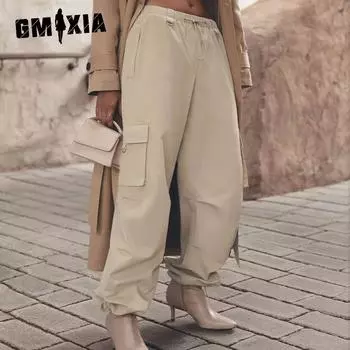 GMXIA Рабочие брюки весна-лето женские удобные повседневные нейтральные стиль завязки большие карманы широкие рабочие брюки M бежевый