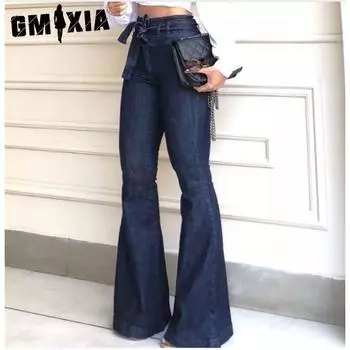 GMXIA Расклешенные широкие джинсы с высокой талией и шнуровкой для женщин S синий