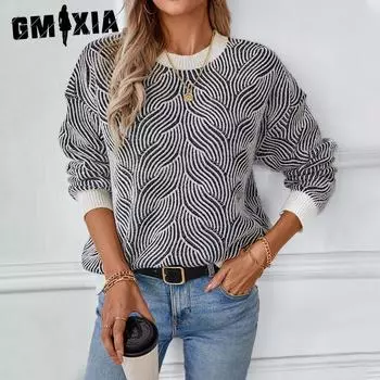 GMXIA Ретро Повседневный Полосатый Свитер Женский Осенне-Зимний Пуловер Свободный Длинный Рукав Цвет Контрастный Свитер S чёрный