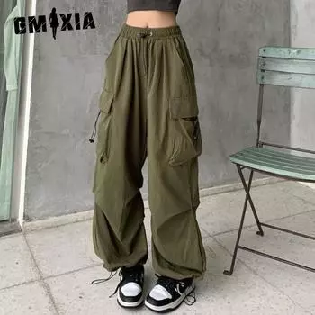 GMXIA Ретро рабочая одежда повседневные брюки женские летние универсальные прямые брюки с драпировкой на шнурке свободные широкие брюки S армия зеленый