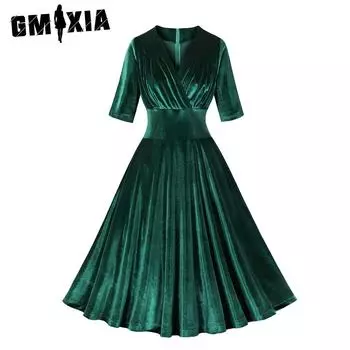 GMXIA Ретро сексуальное французское канарское платье осень-зима рождественское с V-образным вырезом и рукавами, заправленными в талию S темно-зеленого