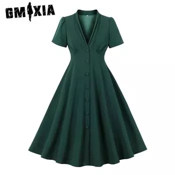 GMXIA Ретро сексуальное однобортное элегантное облегающее платье с V-образным вырезом и высокой талией S темно-зеленого
