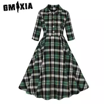 GMXIA Ретро-шикарные женские платья в стиле Хепберн с карманами в клетку, изысканные платья с рукавами семь четвертей на осень/зиму S