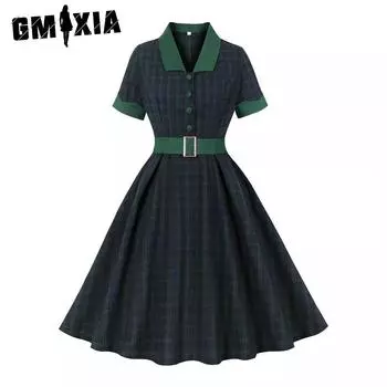 GMXIA Ретро женское зеленое клетчатое платье в тон, с подобранными цветами, с вырезом, поясом на талии, свободное платье из хлопка S