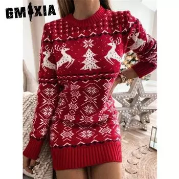 GMXIA Рождественский свитер, обтягивающее сексуальное рождественское жаккардовое трикотажное платье с длинными рукавами S красный