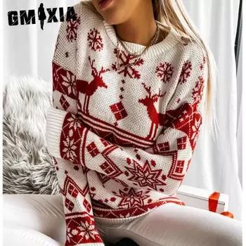 GMXIA Рождественский зимний женский свитер с изображением лося и снежинки, рождественский жаккардовый вязаный свитер S красный