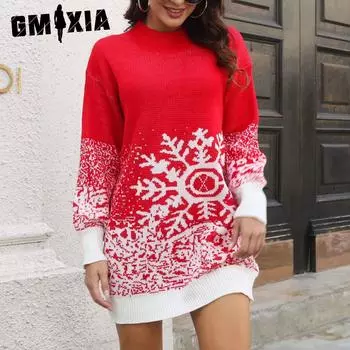 GMXIA Рождественское платье-свитер для женщин Снежинка Жаккардовый фонарь рукава свободного трикотажа платье для осени и зимы женщин S красный