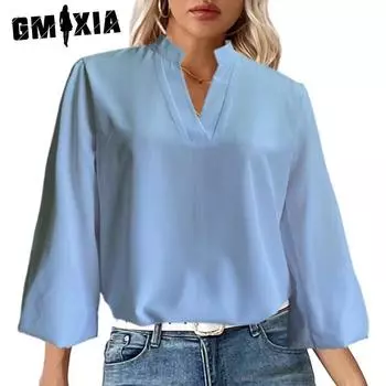 GMXIA Рубашка с длинным рукавом и V-образным вырезом, женская однотонная повседневная рубашка-пуловер S красный