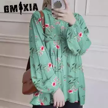 GMXIA Рубашка свободного кроя с длинными рукавами и принтом S бирюзовый