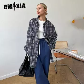 GMXIA Рубашка в клетку женская весенняя американская винтажная рубашка с двойным карманом в полоску, средней длины S кофейный