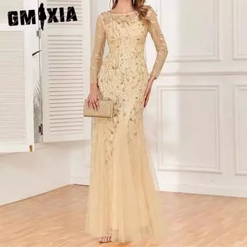 GMXIA с длинным рукавом, круглым вырезом и молнией сзади, платье «рыбий хвост», вечернее женское платье