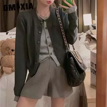 GMXIA Серый поддельный двух пуговиц круглый вырез трикотажный кардиган женский осенний свитер тренд One size серый