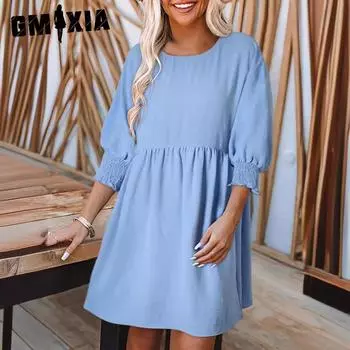 GMXIA Seven-point Sleeve Casual Loose Round Neck Batsleeve Dress Women S хаки