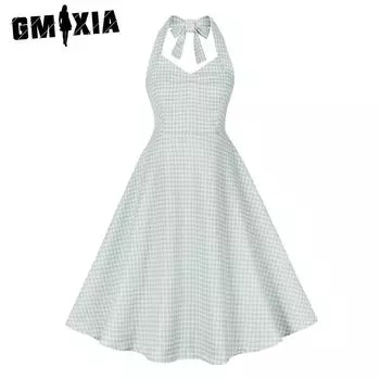 GMXIA Сексуальное коктейльное платье с открытой спиной и бретелькой через шею в стиле Хепберн с большим качелями в винтажном стиле S