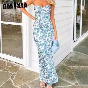 GMXIA Сексуальное платье без бретелек с принтом и бретельками для женщин, облегающее женское S