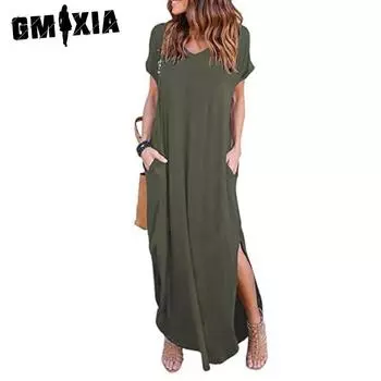 GMXIA Сексуальное женское платье больших размеров 5XL Летнее однотонное повседневное платье макси с коротким рукавом для женщин Длинное платье Женские платья S белый