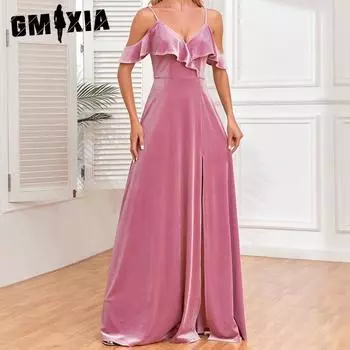 GMXIA Сексуальное длинное вечернее платье с открытыми плечами и баской спереди на шнуровке и разрезом, бархатное вечернее платье трапециевидной формы для подружки невесты S