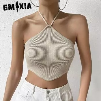 GMXIA Сексуальный женский темперамент Spice Girls с коротким халтером и вязанным жилетом Топ для женщин S абрикосовый