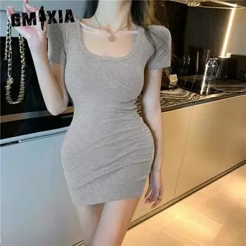 GMXIA Сексуальное обтягивающее платье женское летнее короткое платье розовая талия тонкая юбка One size серый