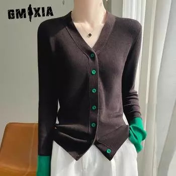 GMXIA Шерстяной трикотаж, топы, женский новый кардиган с V-образным вырезом, тонкий кардиган с V-образным вырезом, куртка M белый