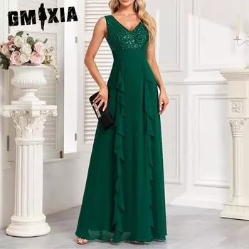GMXIA Шифоновое платье для выпускного вечера без рукавов с двойным V-образным вырезом и пайетками Вечернее платье на полной подкладке S