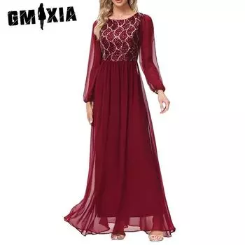 GMXIA Разрезное шифоновое платье с длинными рукавами, расшитое пайетками, А-силуэт, большой свободный круглый вырез, V-образный вырез сзади, полностью на подкладке, элегантное вечернее платье S бордовый