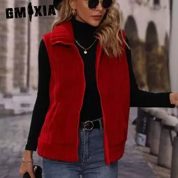 GMXIA Мерцающий модный осенний женский свободный полосатый жилет без рукавов на молнии из плюша с лацканами S чёрный