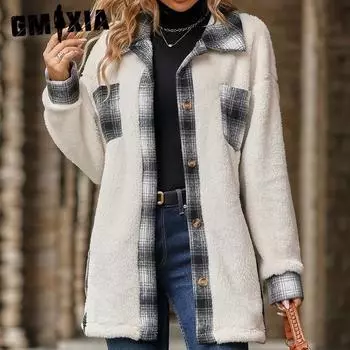 GMXIA Мерцающее женское однобортное флисовое пальто средней длины с лацканами, сезон осень/зима S