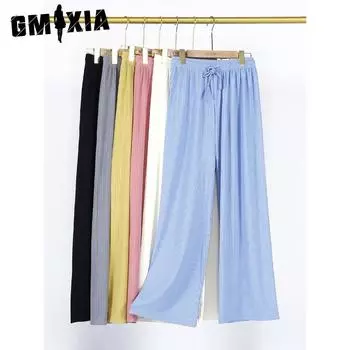 GMXIA Широкие брюки Flower Bone Повседневные брюки Женские прямые брюки Летние жаккардовые брюки Женские утягивающие One size чёрный