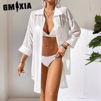 GMXIA Рубашка женская шифоновая повседневная пляжная солнцезащитная рубашка с воротником-поло S