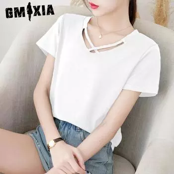 GMXIA Short-sleeved T-shirt Women s Summer Black Loose Design Sense Niche V-neck Fashion Small Top Women s Fashion M белый
