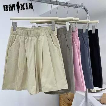 GMXIA Shorts Women s Summer Thin Loose Wide Leg High Waist Basic Casual Quarter Pants Wear Medium Pants Uniform size абрикосовый