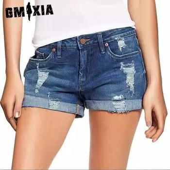 GMXIA Шорты джинсовые рваные с эластичной резинкой для женщин от Foreign Trade S чёрный