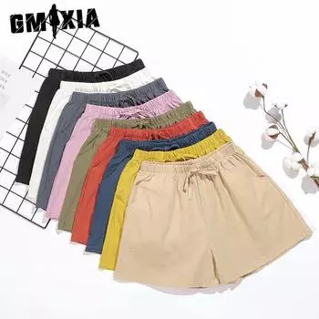 GMXIA Шорты из хлопка и конопли, женщины носят широкие брюки летом, спортивные брюки больших размеров, свободные повседневные брюки с высокой талией S белый