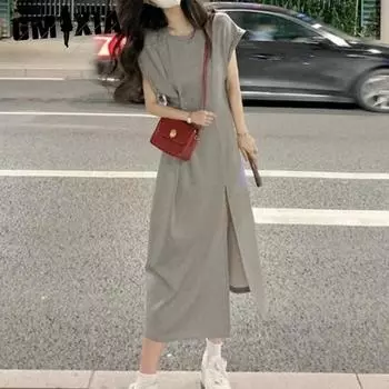 GMXIA Slim Design Sense серое повседневное платье-футболка летнее женское платье макси с разрезом S
