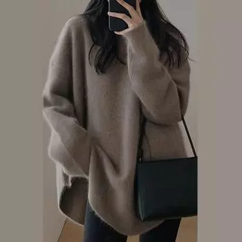 GMXIA Свободный свитер с круглым вырезом, свободный свитер, женская осенне-зимняя повседневная трикотажная одежда, верхняя одежда, топы One size розовый