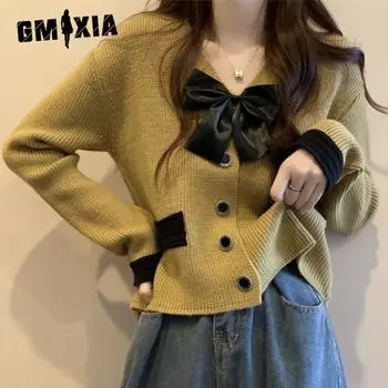 GMXIA Маленький ароматный стиль бант вязаный кардиган женский нежный отдел сладкий шикарный джемпер с V-образным вырезом пальто One size красный