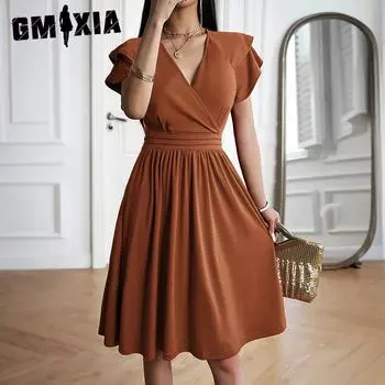 GMXIA Платье с принтом в однотонном цвете, летнее, с длинным рукавом, высокой талией, элегантная юбка миди с V-образным вырезом S бордовый