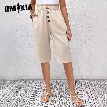 GMXIA Solid Colour Cotton Linen Insert Pocket Button Ladies Casual Pants Shorts S абрикосовый