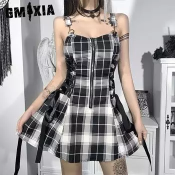 GMXIA Spice Girl Temperament Slim Plaid без рукавов Подтяжки Платье Модное Повседневное Сексуальное Молния Дизайн Sense of Короткая Юбка Женское Платье S чёрный