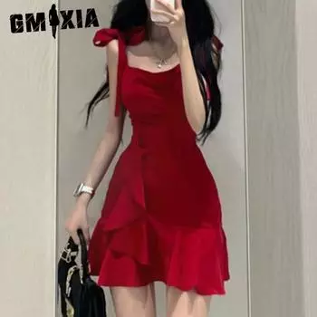 GMXIA Spice Girls красное платье-халтер летний женский дизайн с нишевой темпераментной юбкой для похудения S