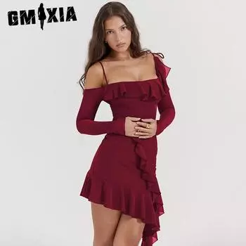 GMXIA Spice Girls женское платье с одной линией плеча, длинный рукав, нестандартное сексуальное платье с сетчатыми оборками, закрывающее короткие бедра S темно-синий